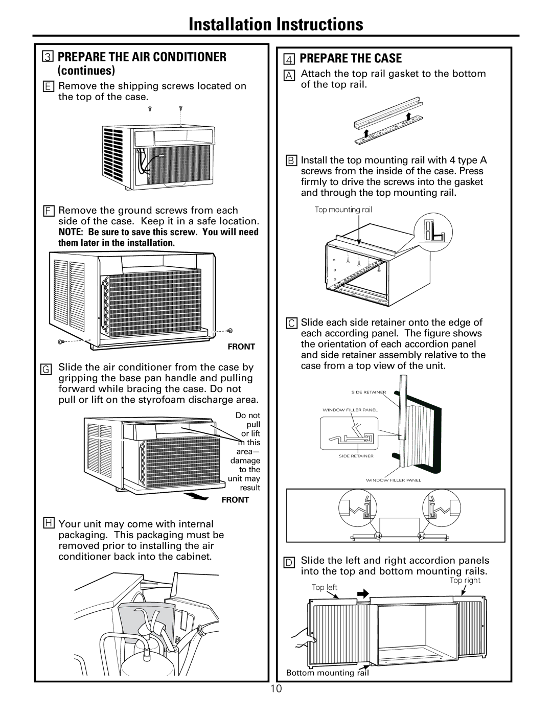 GE AEQ25, AEM25 operating instructions Prepare the AiR CONDiTiONER continues, Prepare the Case 