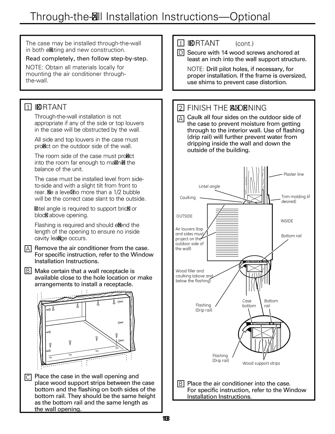 GE AEM25, AEQ25 operating instructions Through-the-Wall Installation Instructions-Optional, Finish the Wall Opening 