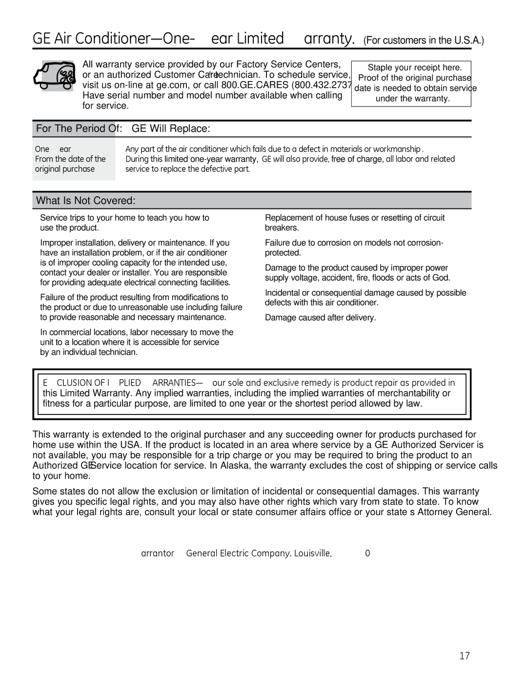 GE AEM25, AEQ25 GE Will Replace, What Is Not Covered, Warrantor General Electric Company. Louisville, KY, For The Period 