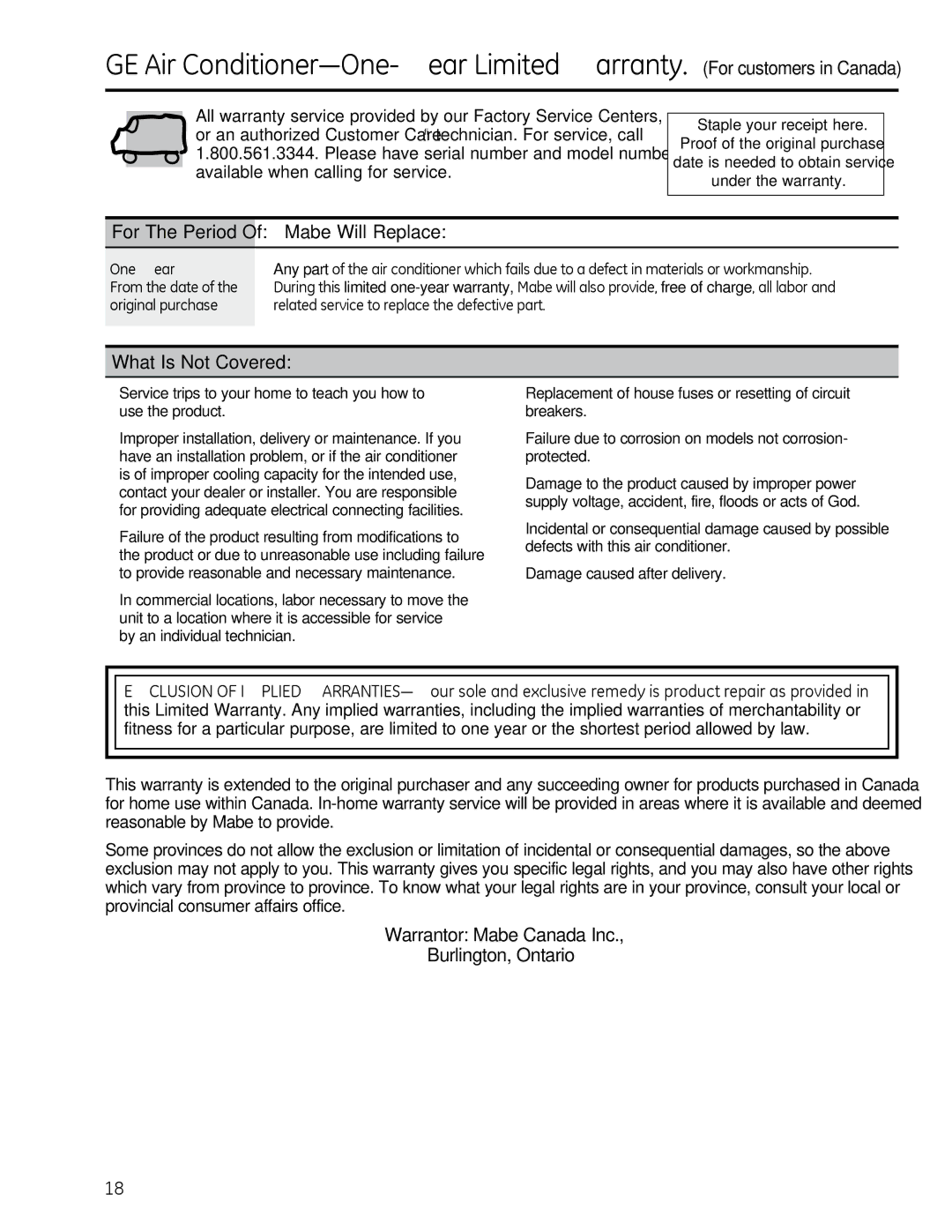 GE AEQ25, AEM25 operating instructions Mabe Will Replace, Warrantor Mabe Canada Inc Burlington, Ontario, One Year 