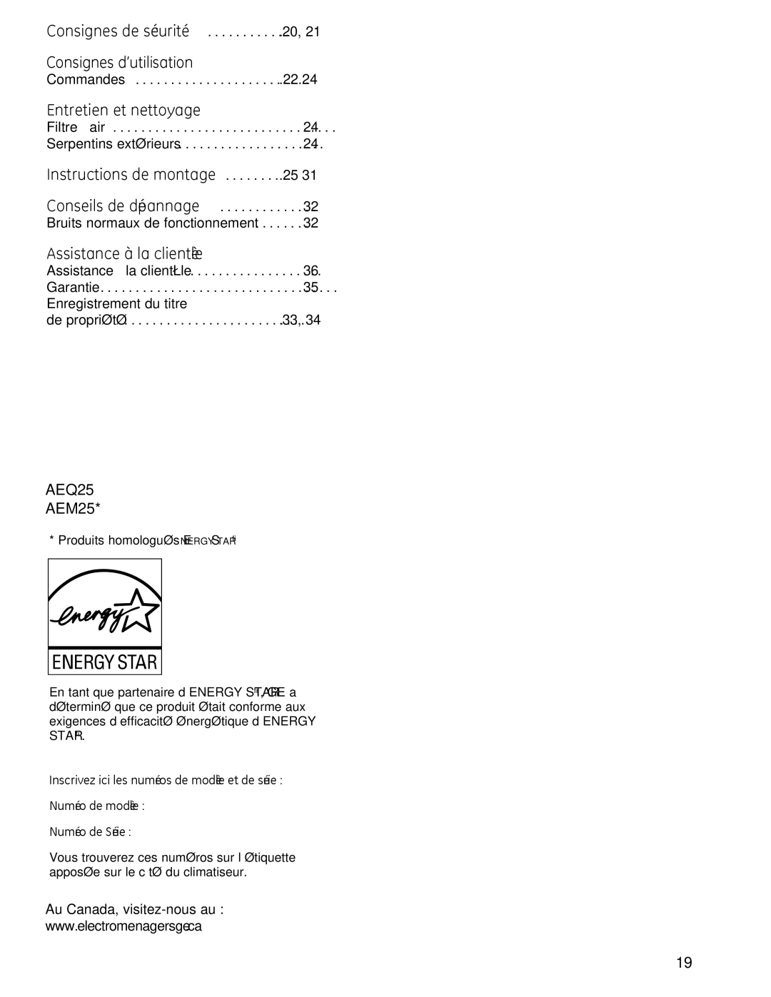 GE AEM25, AEQ25 operating instructions Assistance à la clientèle, 22-24 