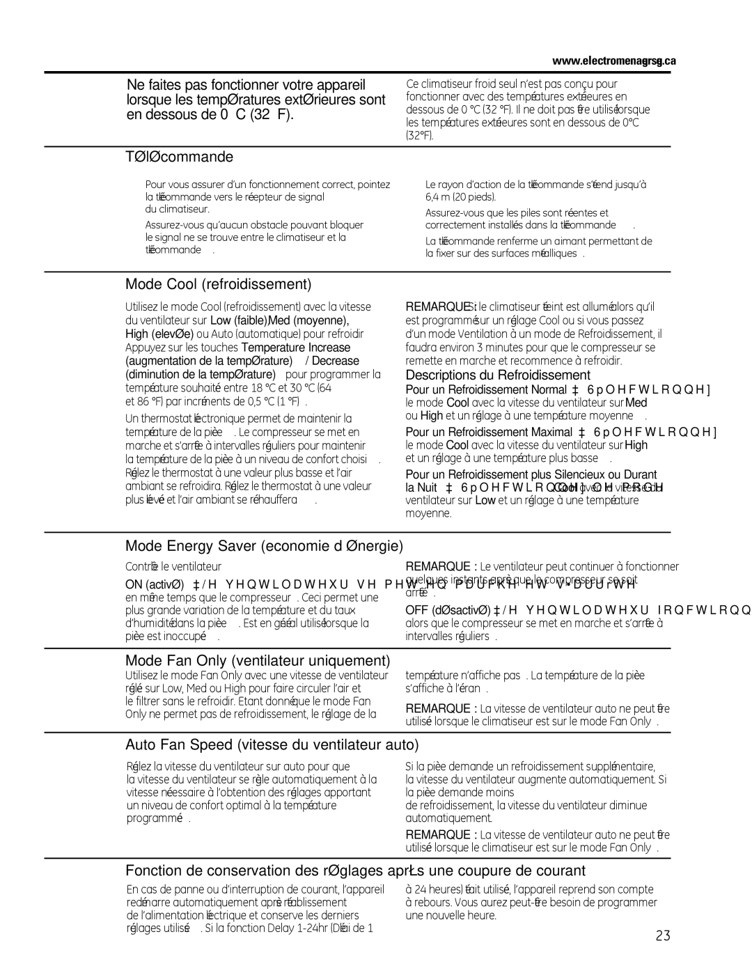 GE AEM25, AEQ25 operating instructions Télécommande, Mode Cool refroidissement, Mode Fan Only ventilateur uniquement 