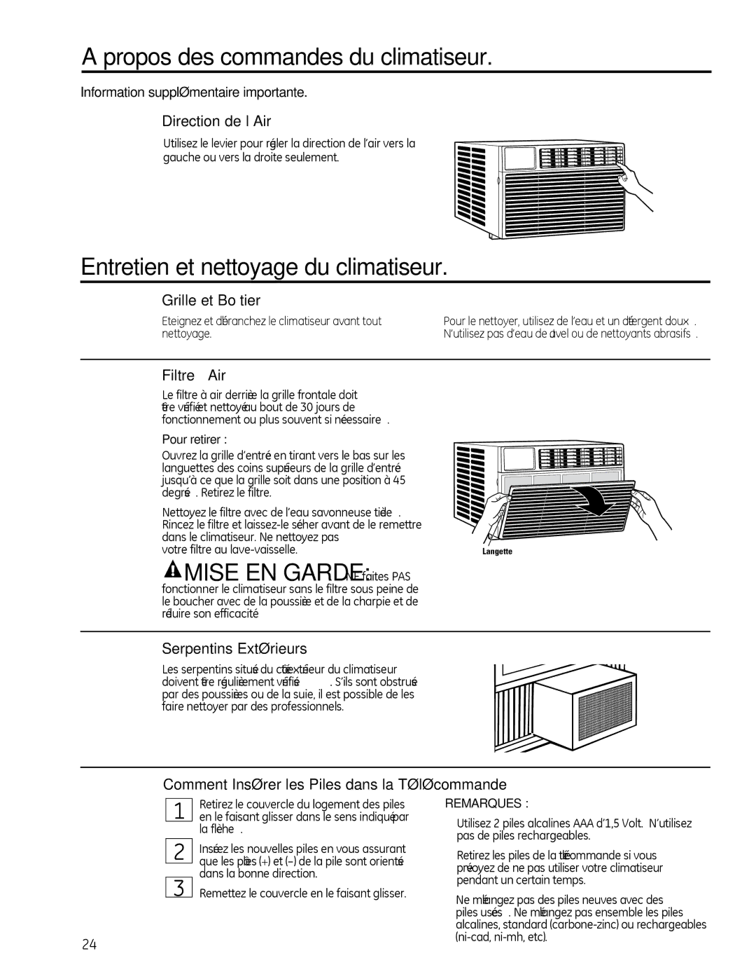 GE AEQ25, AEM25 operating instructions Entretien et nettoyage du climatiseur, Mise EN Garde NE faites PAS 