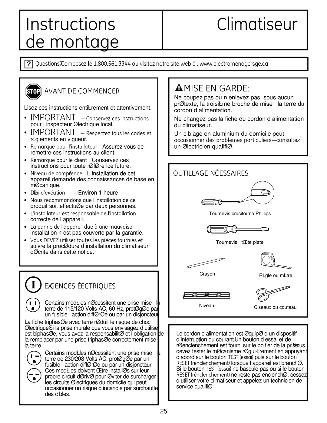 GE AEM25, AEQ25 operating instructions Avant DE Commencer, Exigences Électriques, Outillage Nécessaires 