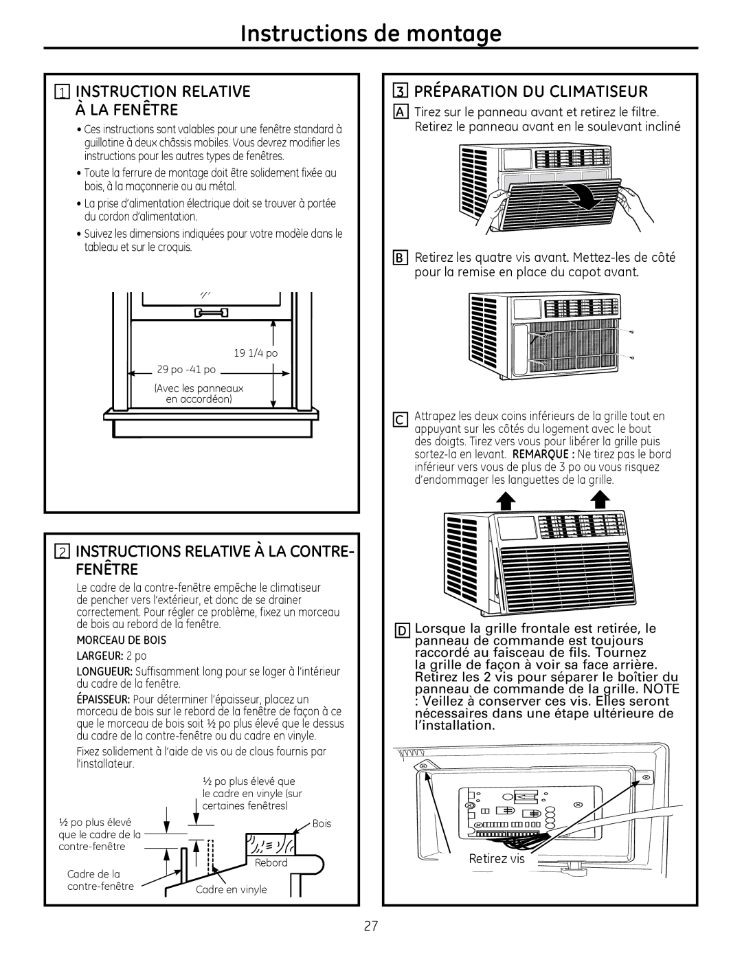 GE AEM25, AEQ25 operating instructions Préparation DU Climatiseur, Instructions Relative À LA CONTRE- Fenêtre 