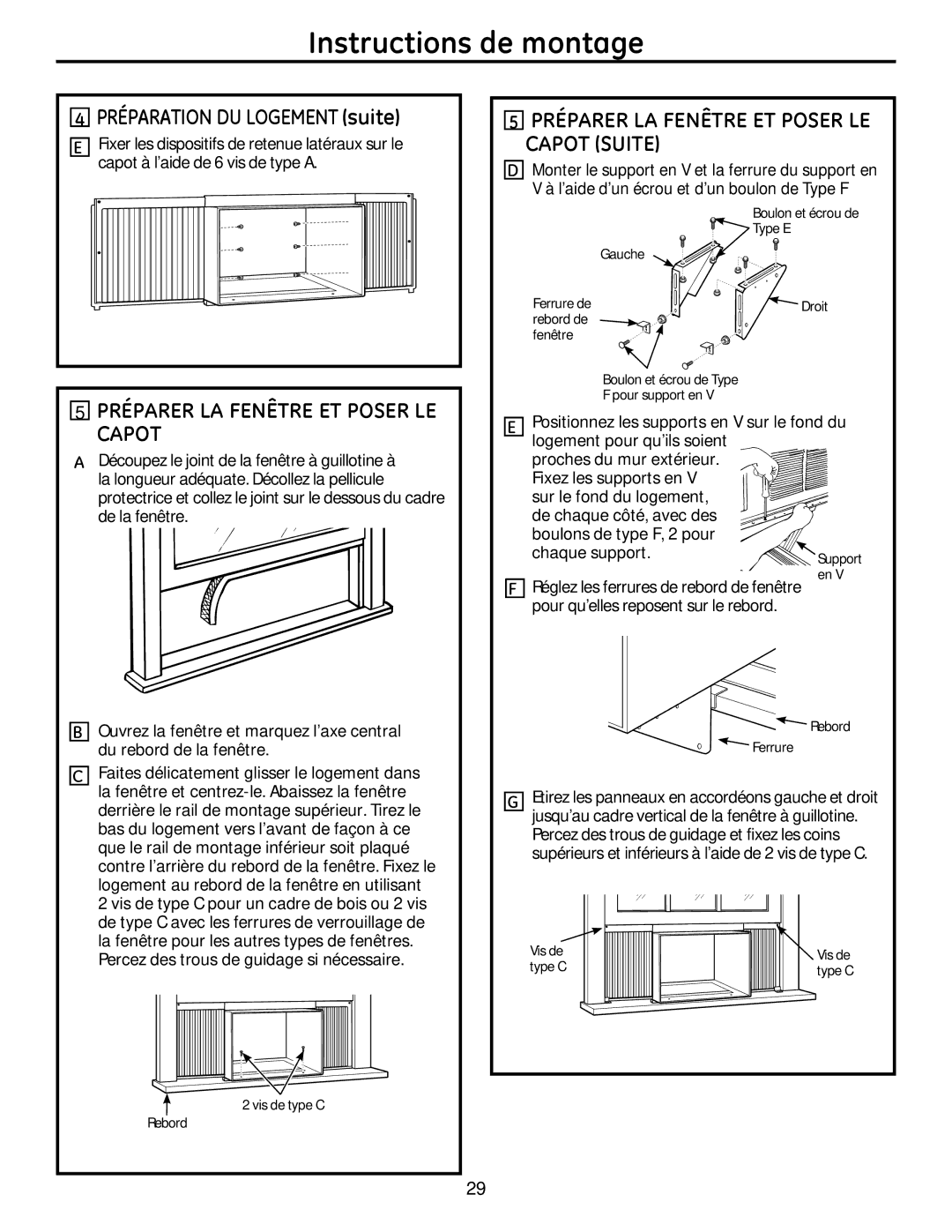 GE AEM25, AEQ25 operating instructions Préparation DU Logement suite, Préparer LA Fenêtre ET Poser LE Capot Suite 