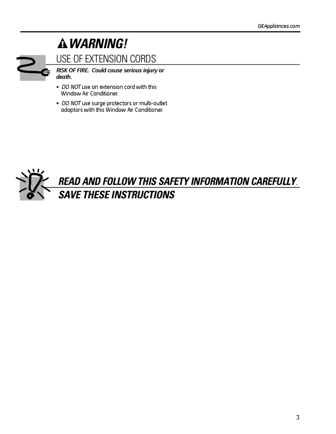 GE AEM25, AEQ25 operating instructions Risk of FIRE. Could cause serious injury or death, GEAppliances.com 