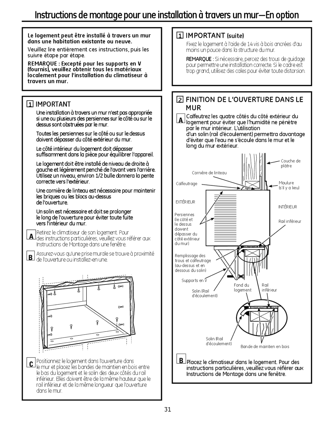 GE AEM25, AEQ25 operating instructions Important suite, Finition DE L’OUVERTURE Dans LE MUR 