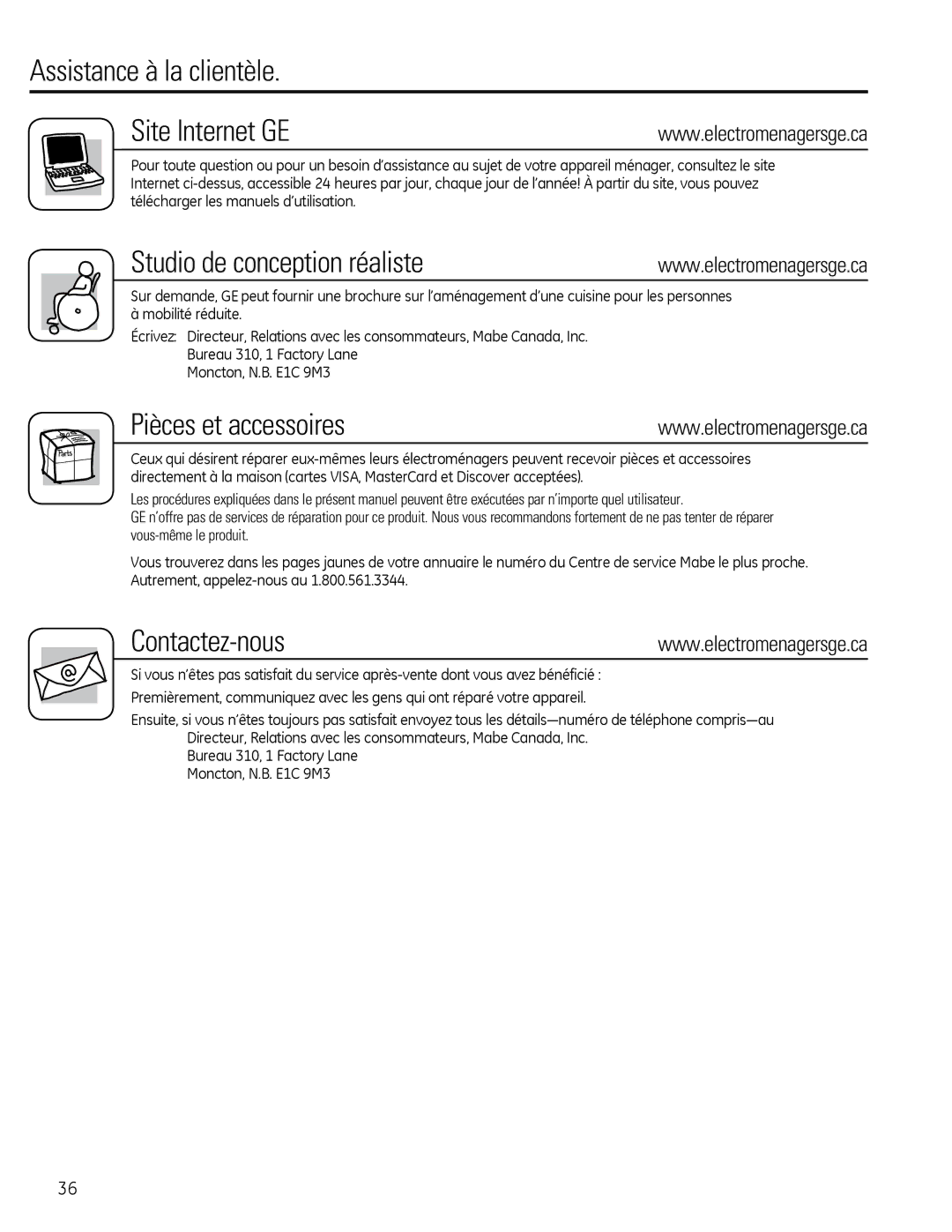 GE AEQ25, AEM25 operating instructions Assistance à la clientèle Site Internet GE 