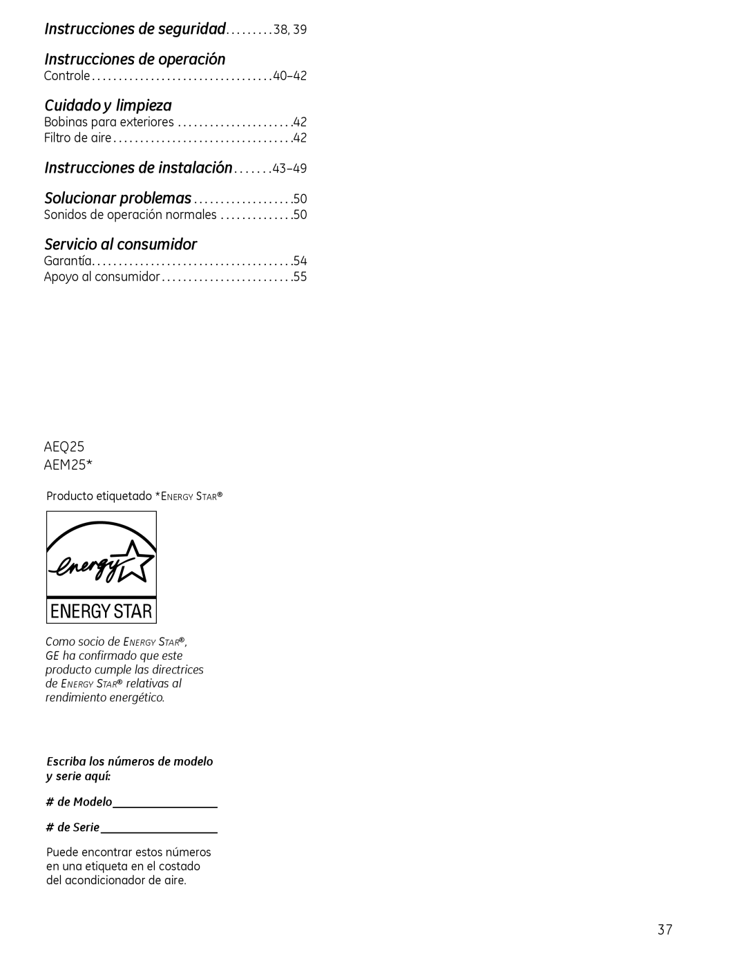 GE AEM25, AEQ25 operating instructions Instrucciones de instalación, Producto etiquetado *EnErgy Star 