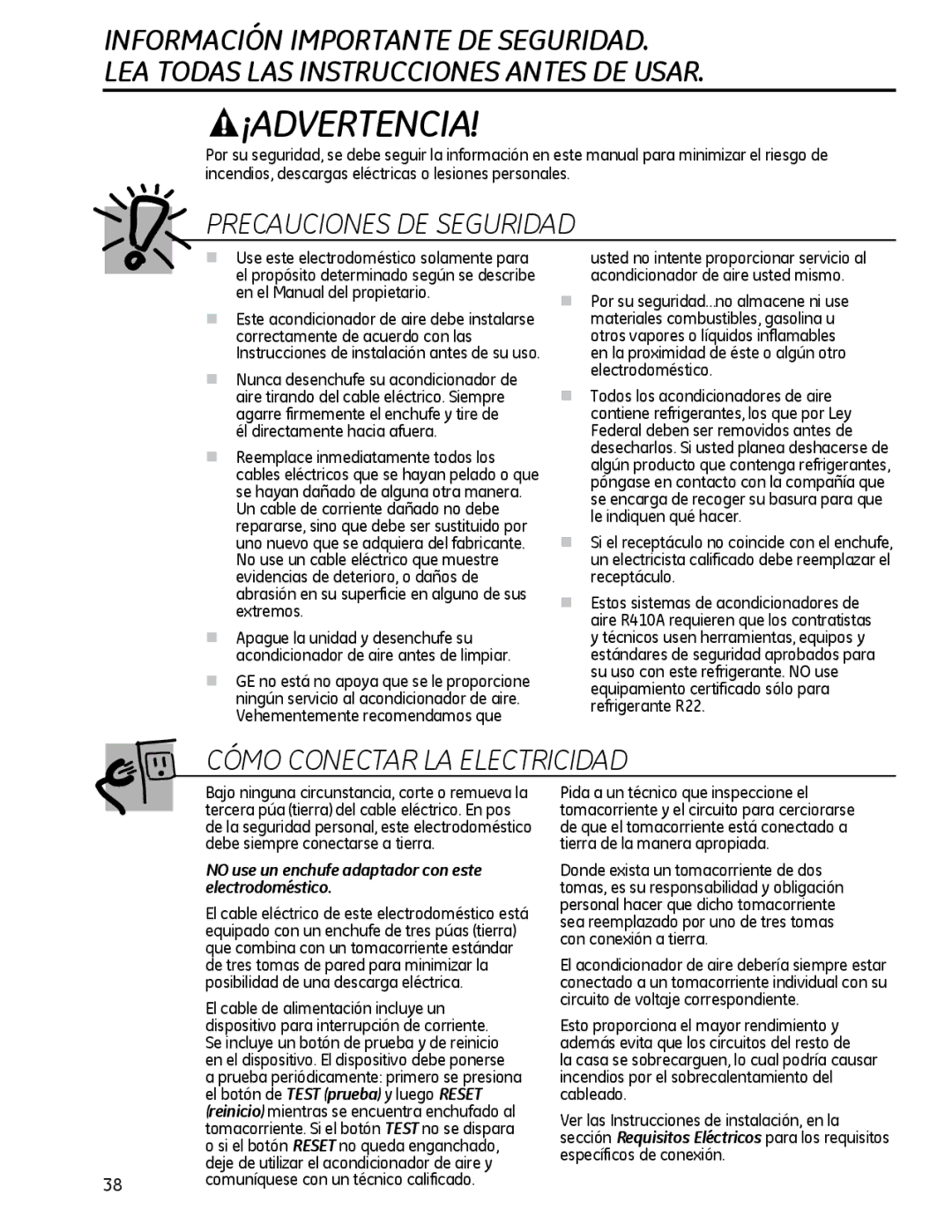 GE AEQ25, AEM25 operating instructions ¡Advertencia, No use un enchufe adaptador con este electrodoméstico 