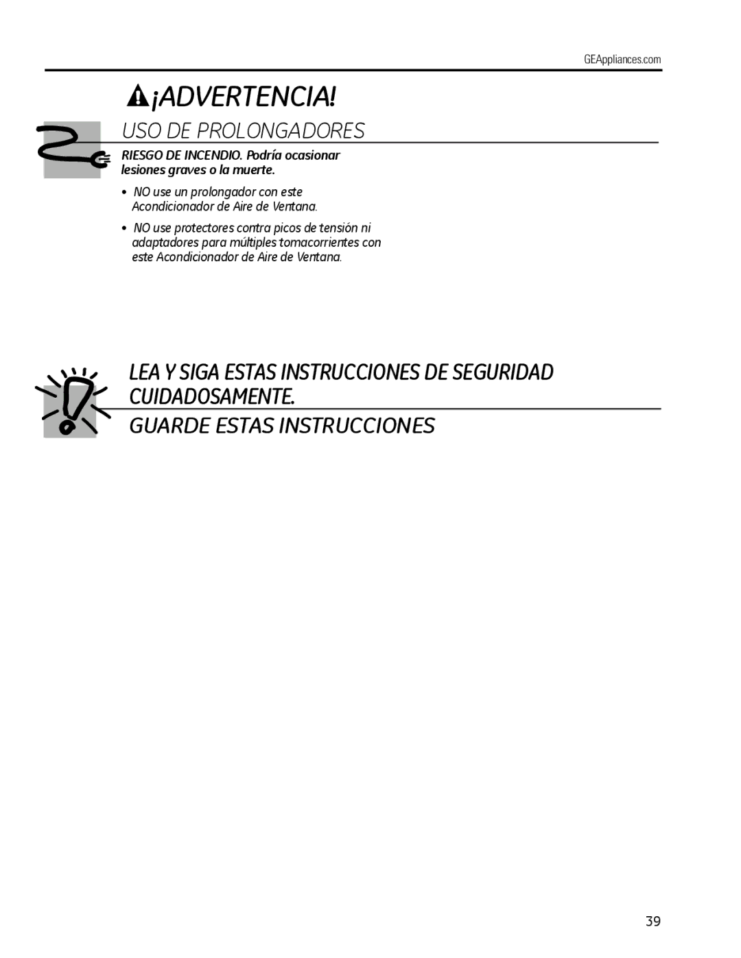 GE AEM25, AEQ25 operating instructions USO DE Prolongadores, GEAppliances.com 