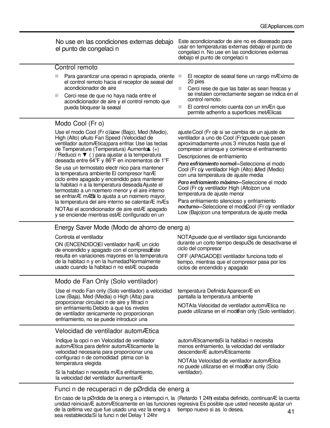 GE AEM25, AEQ25 Modo Cool Frío, Energy Saver Mode Modo de ahorro de energía, Modo de Fan Only Solo ventilador 