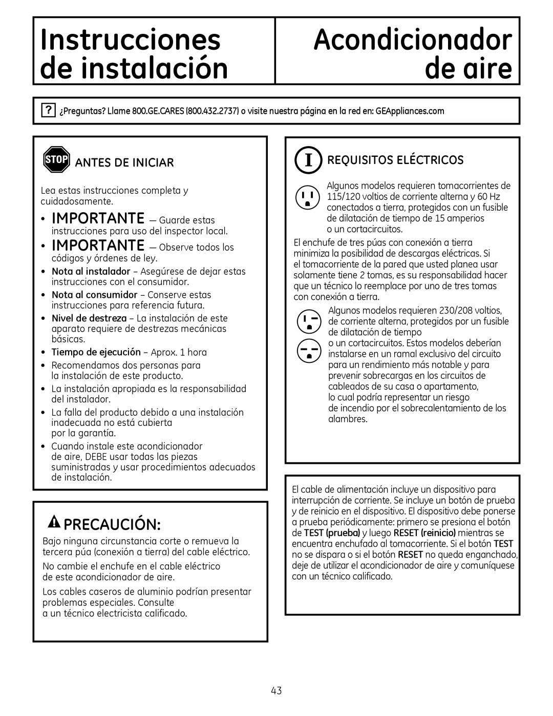 GE AEM25, AEQ25 operating instructions ANtES DE Iniciar, REquISItoS ELéCtRICoS 