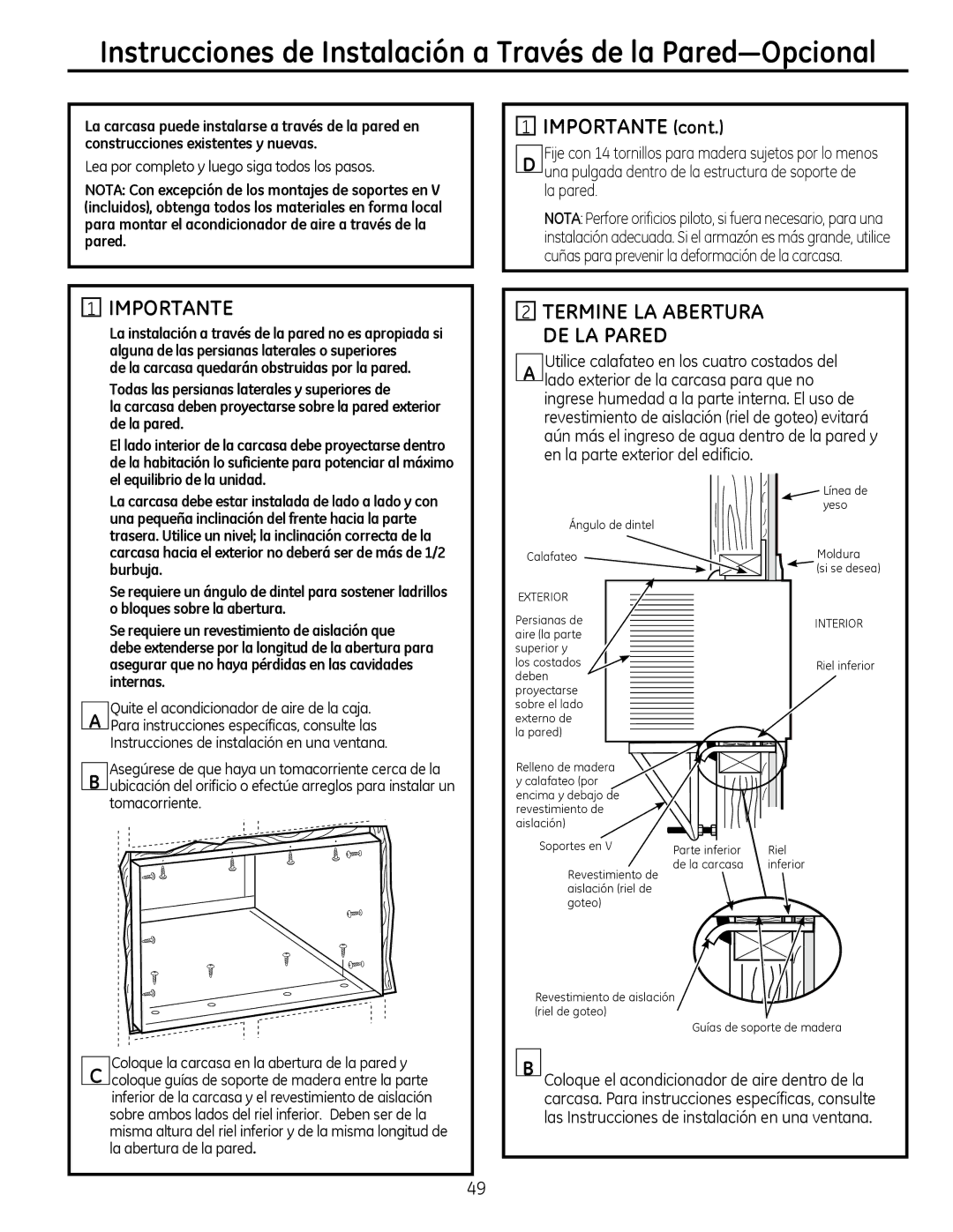 GE AEM25, AEQ25 IMPoRtANtE, TERMINE LA ABERtuRA, DE LA Pared, Lea por completo y luego siga todos los pasos 