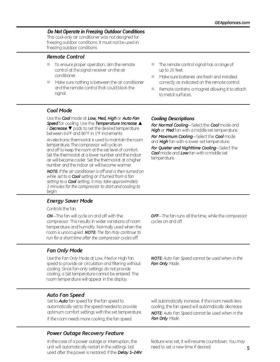 GE AEM25, AEQ25 Remote Control, Cool Mode, Energy Saver Mode, Fan Only Mode, Auto Fan Speed, Power Outage Recovery Feature 