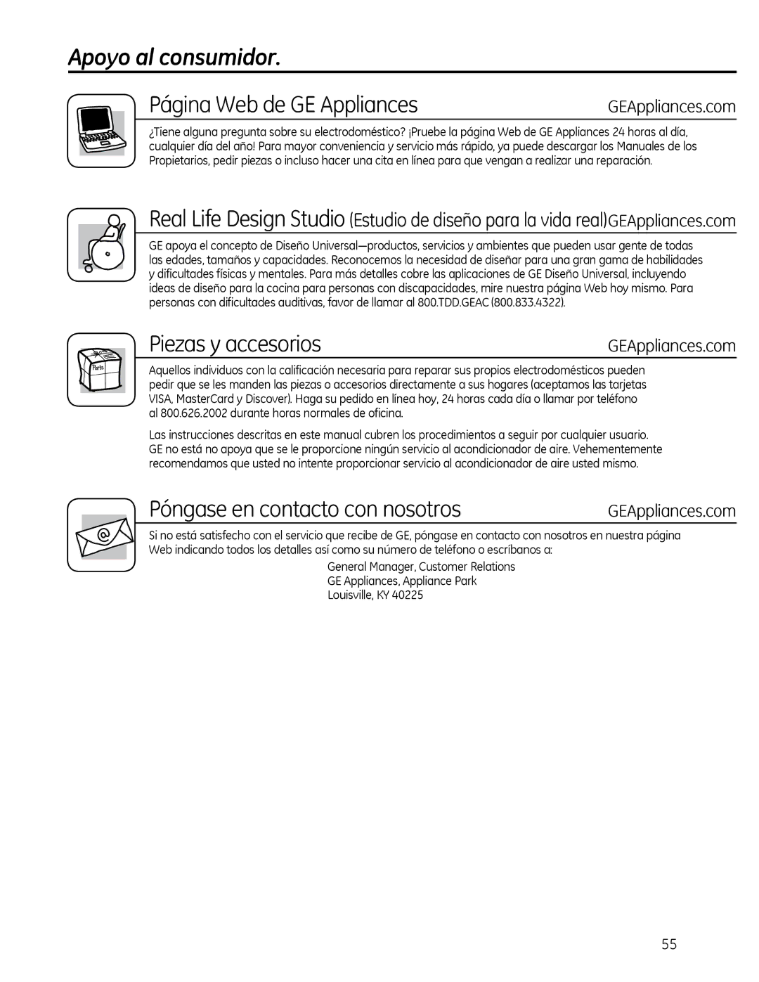 GE AEM25, AEQ25 operating instructions Apoyo al consumidor, Página Web de GE Appliances 