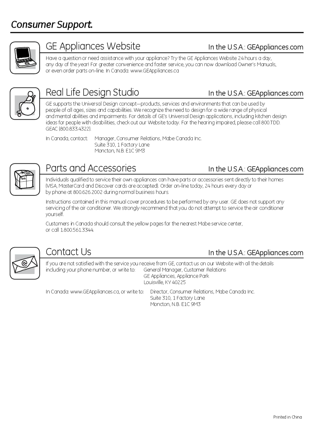 GE AEQ25, AEM25 operating instructions Consumer Support, Real Life Design Studio 