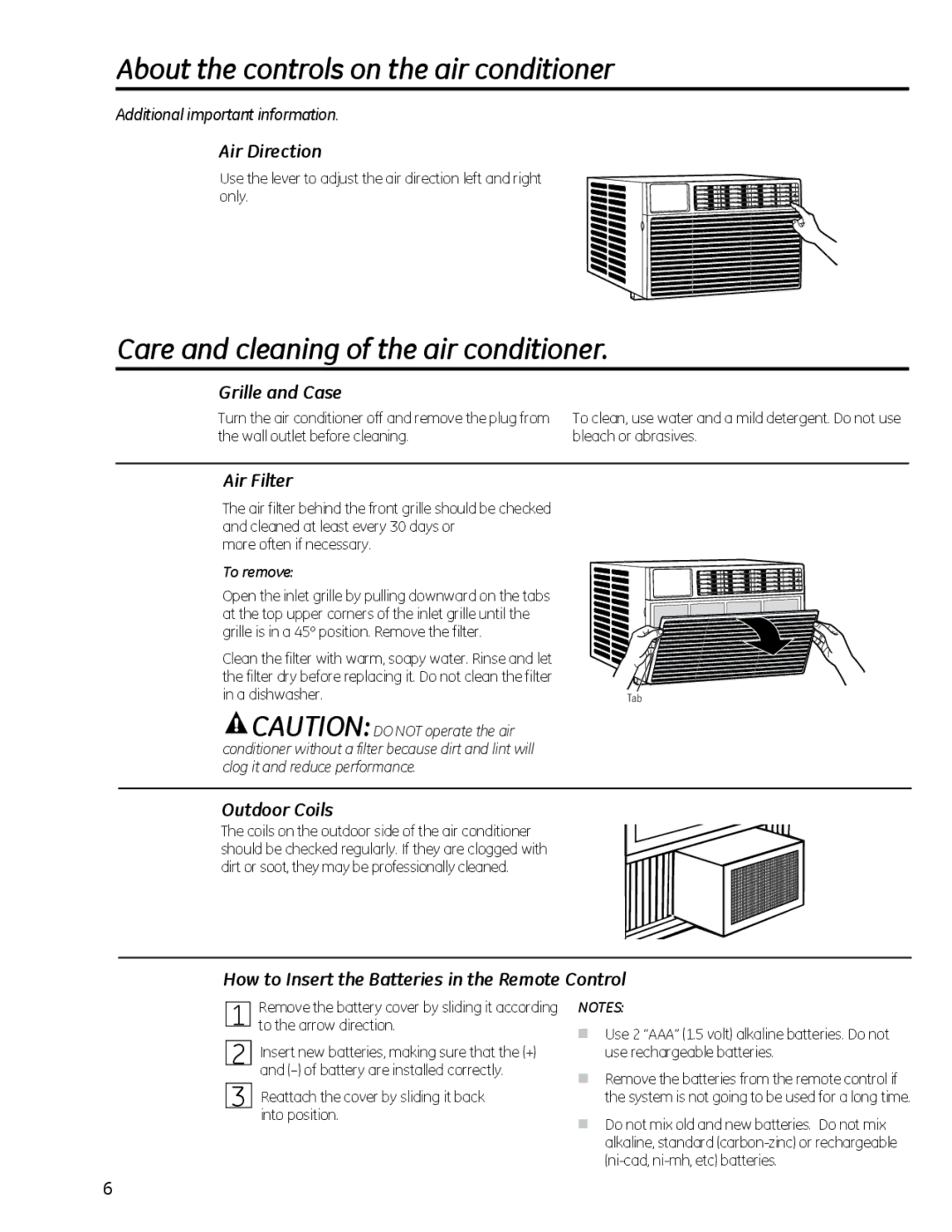 GE AEQ25, AEM25 operating instructions Care and cleaning of the air conditioner 