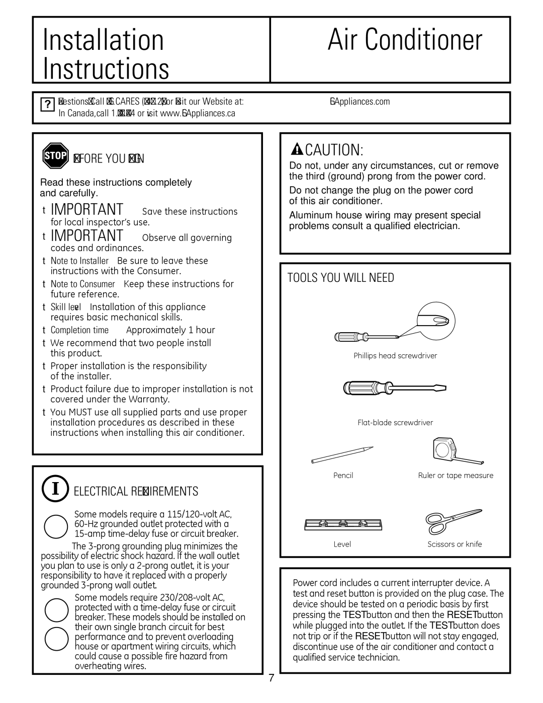 GE AEM25, AEQ25 operating instructions BEfORE YOu BEgiN, ELECTRiCAL REQuiREMENTS, Tools YOu WiLL Need 