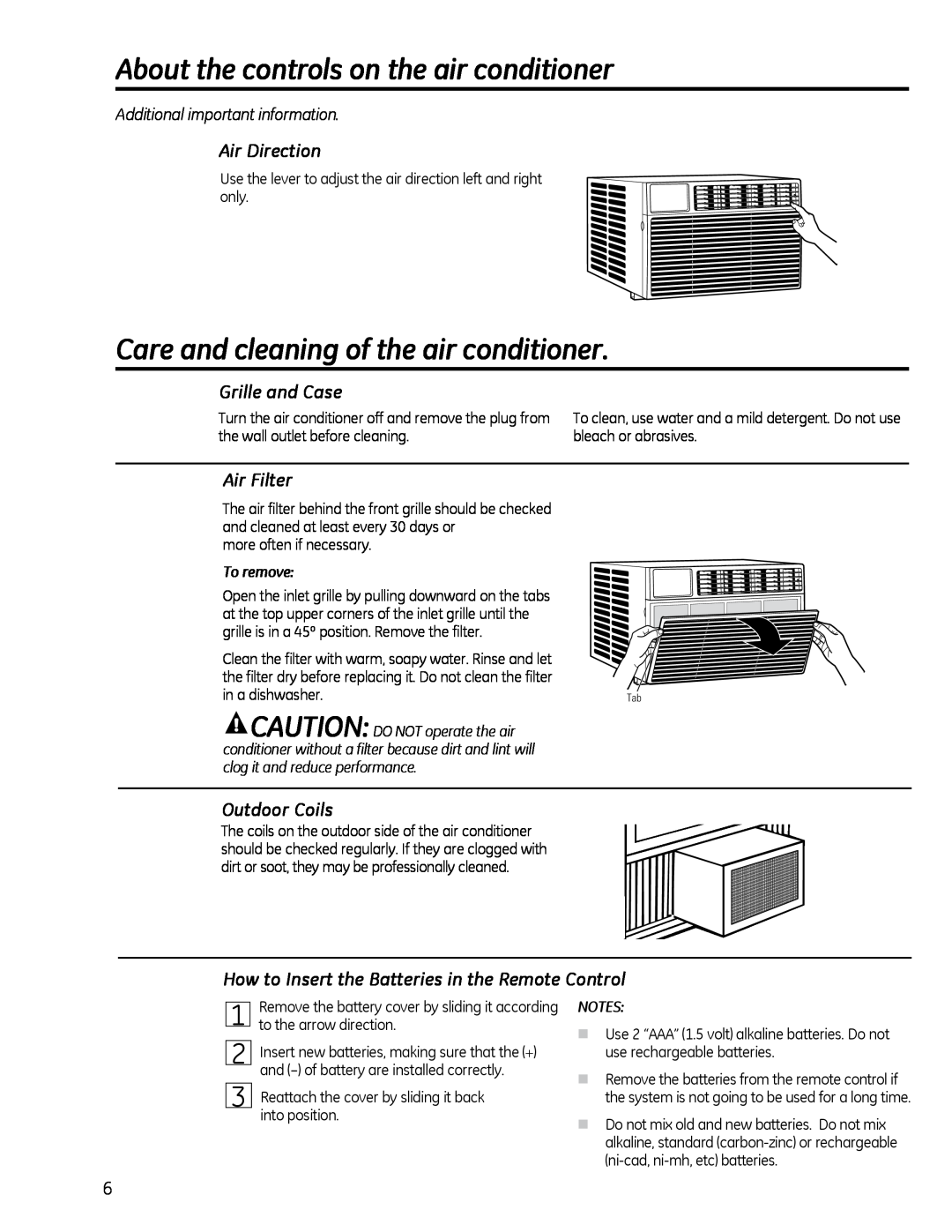 GE AEQ25 Care and cleaning of the air conditioner, Air Direction, Grille and Case, Air Filter, Outdoor Coils, To remove 
