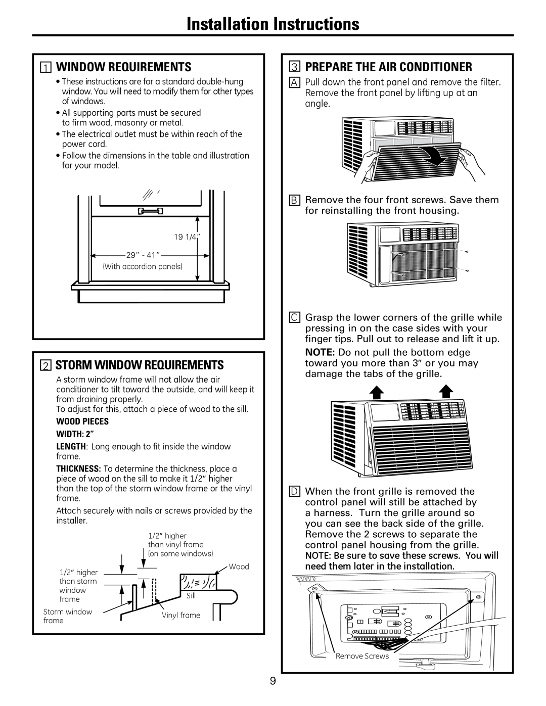 GE AEM25, AEQ25 operating instructions PREPARE THE AiR CONDiTiONER, STORM WiNDOW REQuiREMENTS, installation instructions 