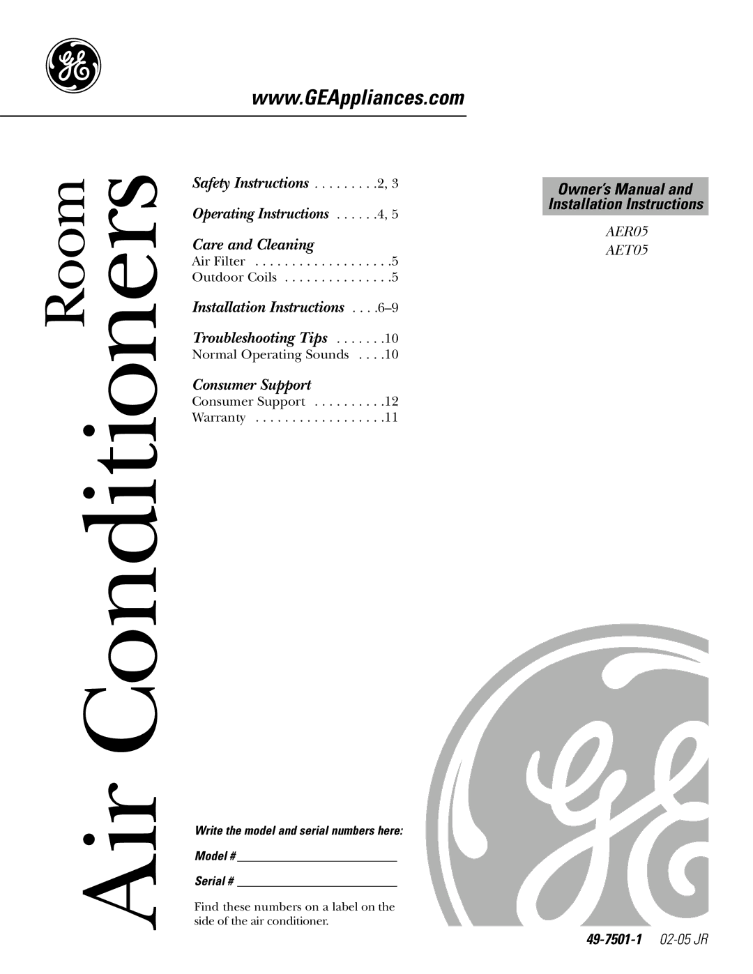 GE AER05 installation instructions 49-7501-1 02-05 JR, Write the model and serial numbers here Model # Serial # 