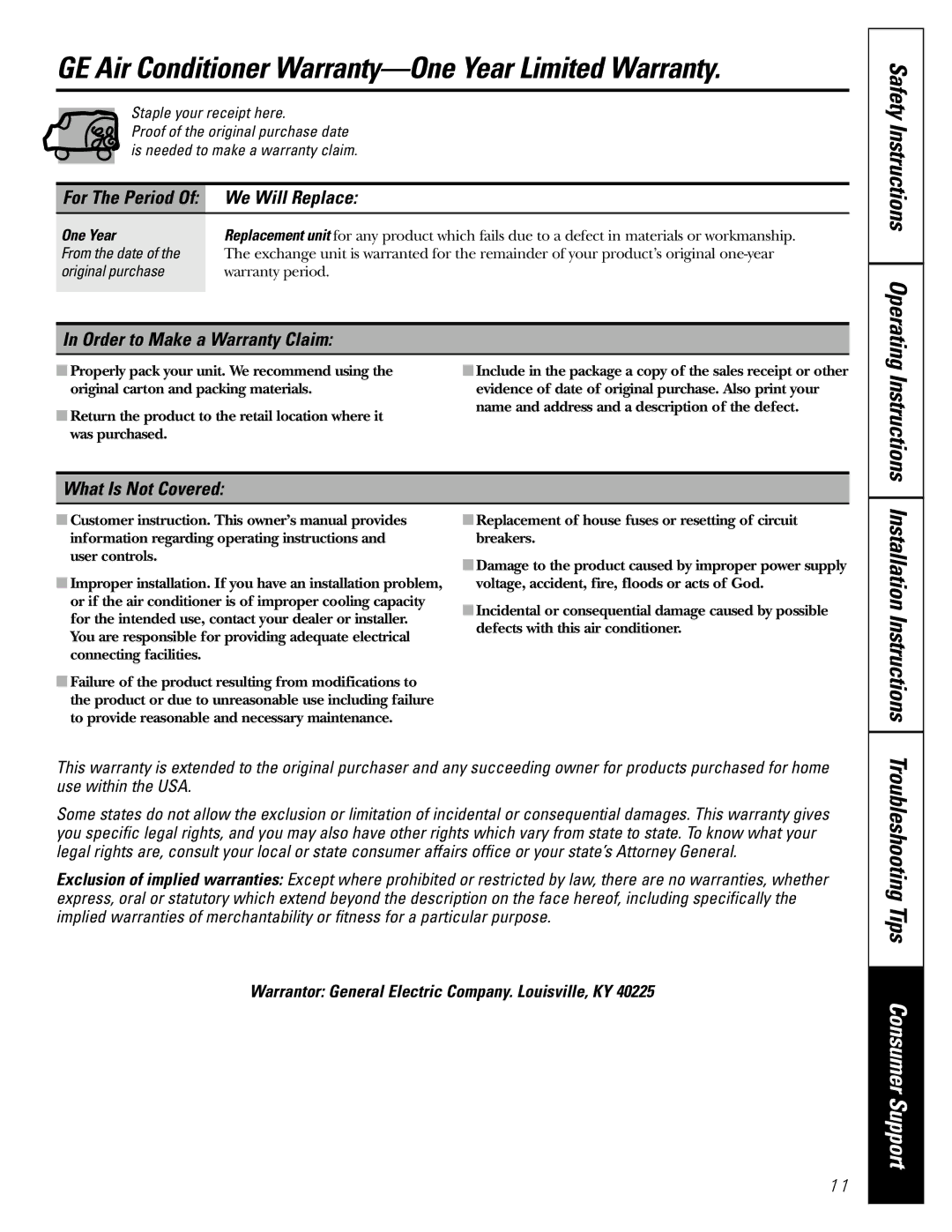GE AER05 GE Air Conditioner Warranty-One Year Limited Warranty, We Will Replace, Order to Make a Warranty Claim 