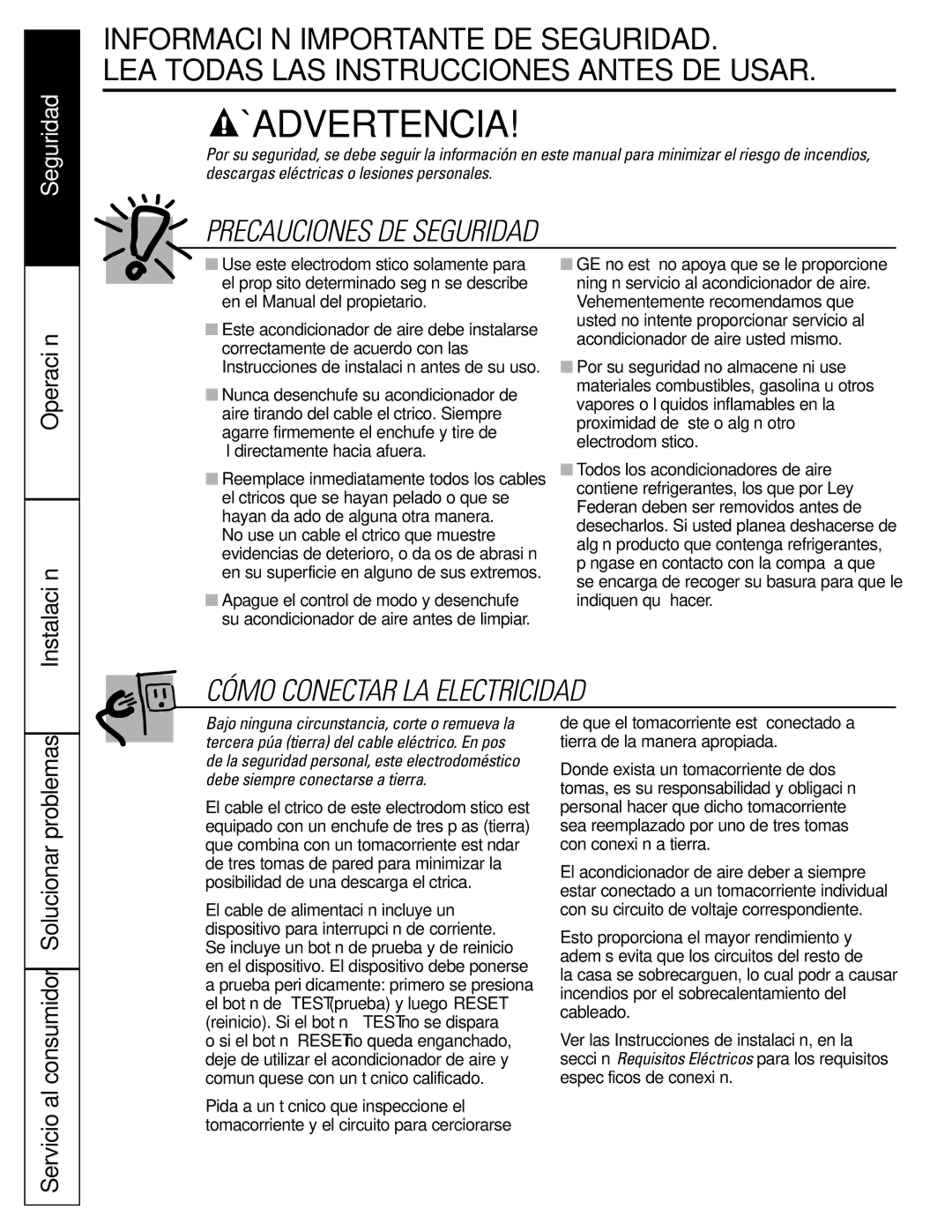 GE AER05 installation instructions ¡Advertencia 