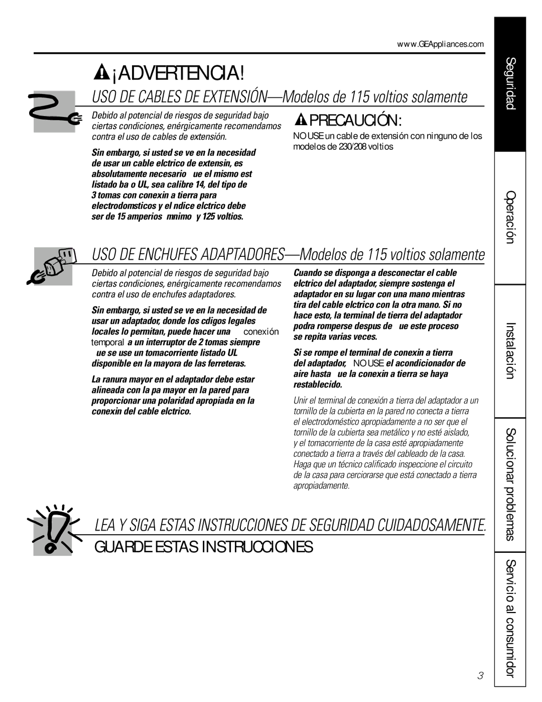 GE AER05 installation instructions Precaución 