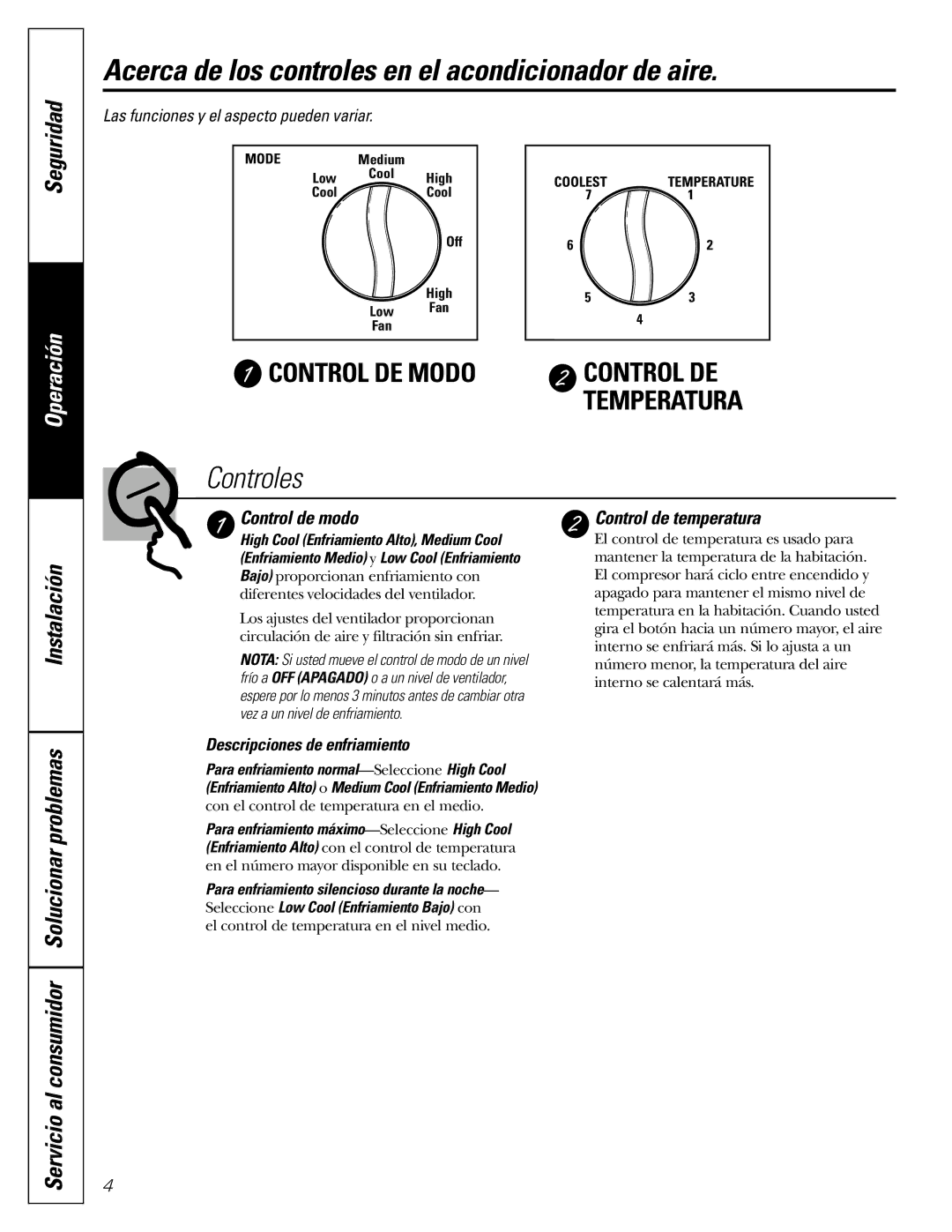 GE AER05 Acerca de los controles en el acondicionador de aire, Control de modo, Control de temperatura 