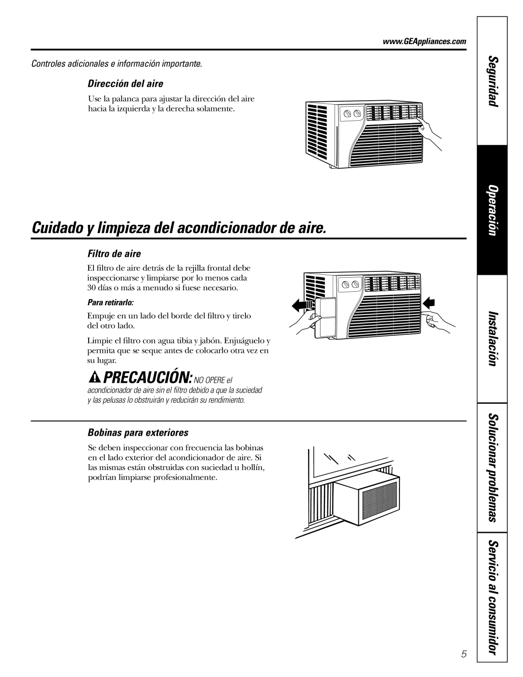 GE AER05 Cuidado y limpieza del acondicionador de aire, Precaución no Opere el, Dirección del aire, Filtro de aire 