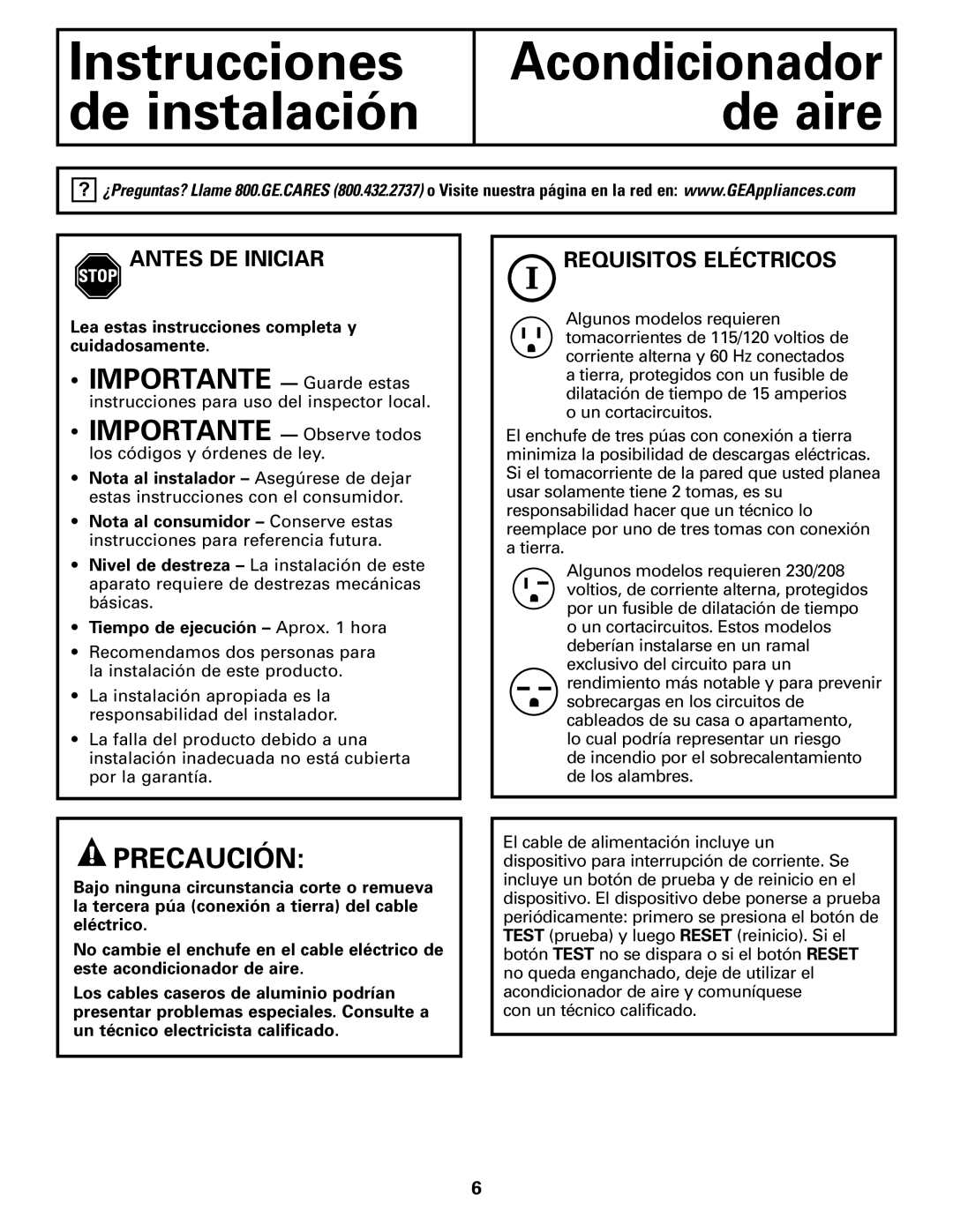 GE AER05 installation instructions Antes DE Iniciar, Requisitos Eléctricos 