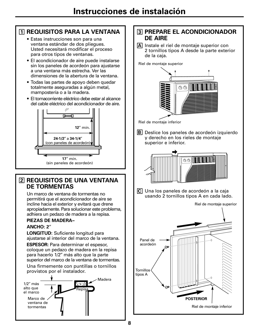 GE AER05 Requisitos Para LA Ventana, Requisitos DE UNA Ventana DE Tormentas, Prepare EL Acondicionador DE Aire 