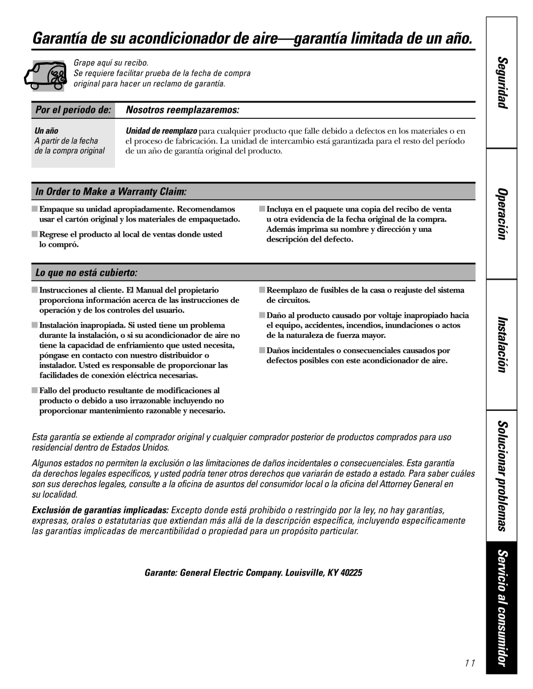 GE AER05 Nosotros reemplazaremos, Lo que no está cubierto, Garante General Electric Company. Louisville, KY, Un año 