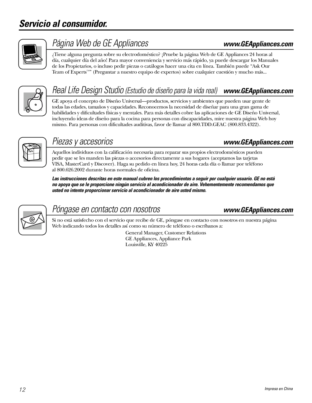 GE AER05 Servicio al consumidor Página Web de GE Appliances, Piezas y accesorios, Póngase en contacto con nosotros 