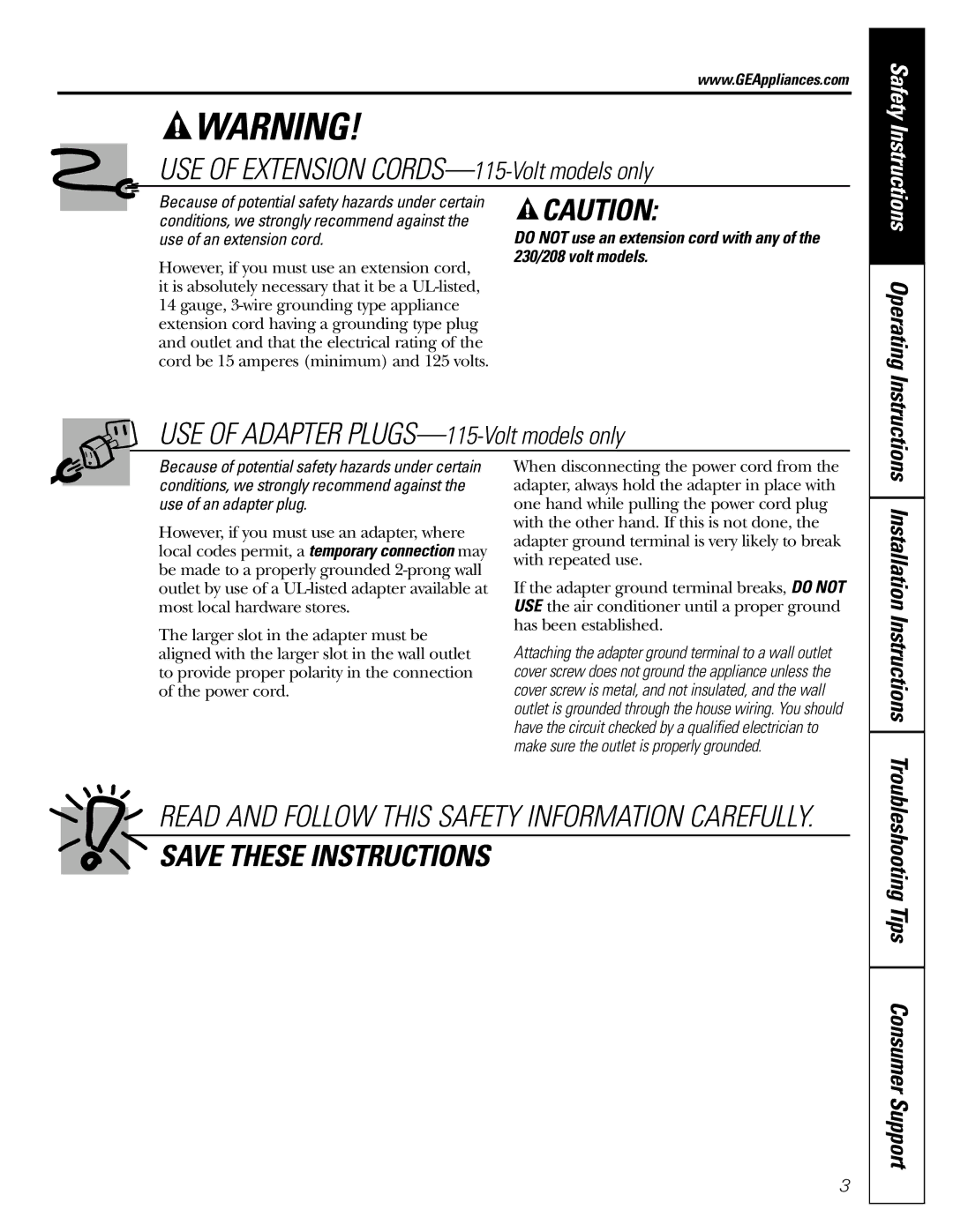 GE AER05 installation instructions USE of Extension CORDS-115-Volt models only 