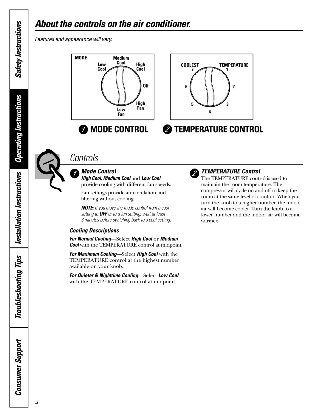 GE AER05 About the controls on the air conditioner, Mode Control, Temperature Control, Cooling Descriptions 