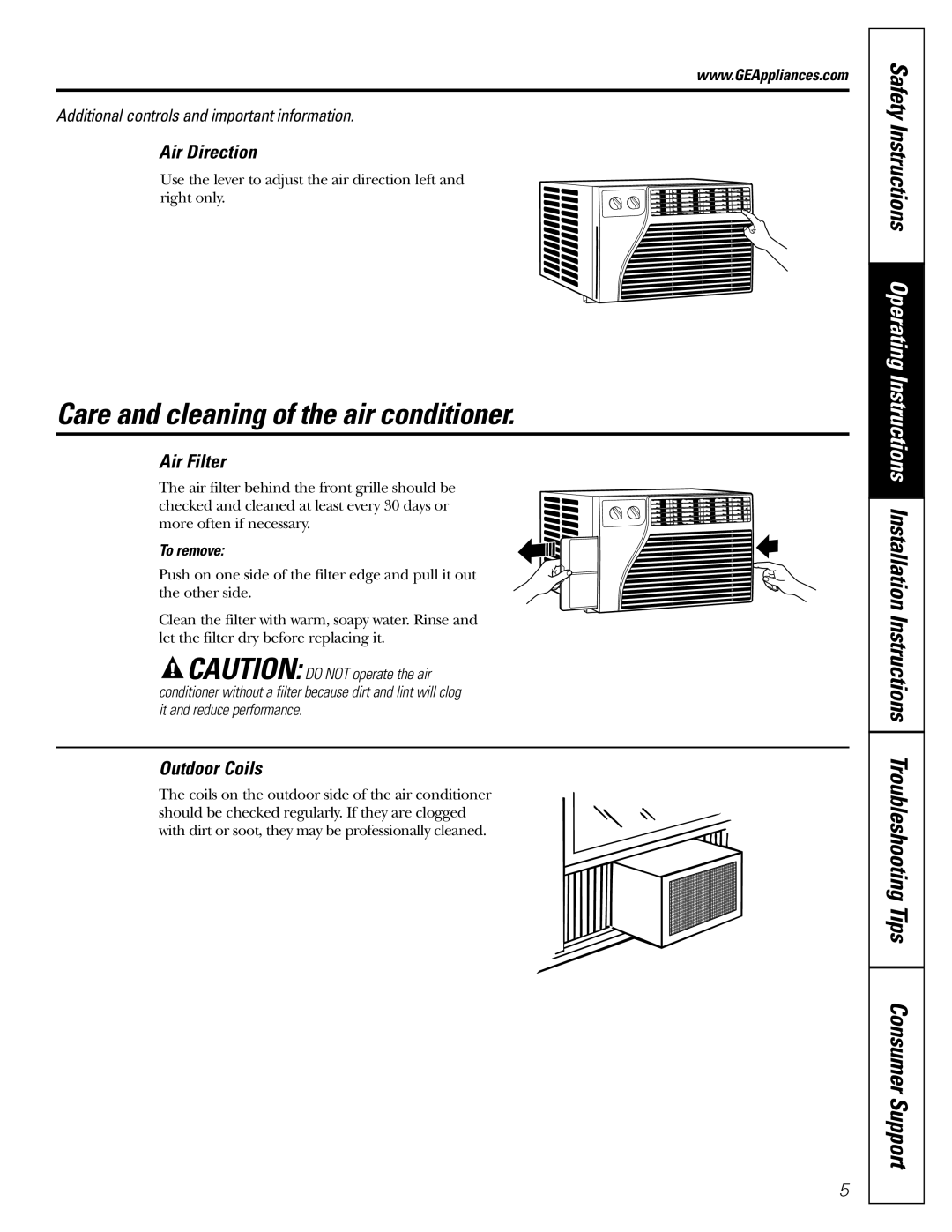 GE AER05 Care and cleaning of the air conditioner, Air Direction, Air Filter, Outdoor Coils, To remove 