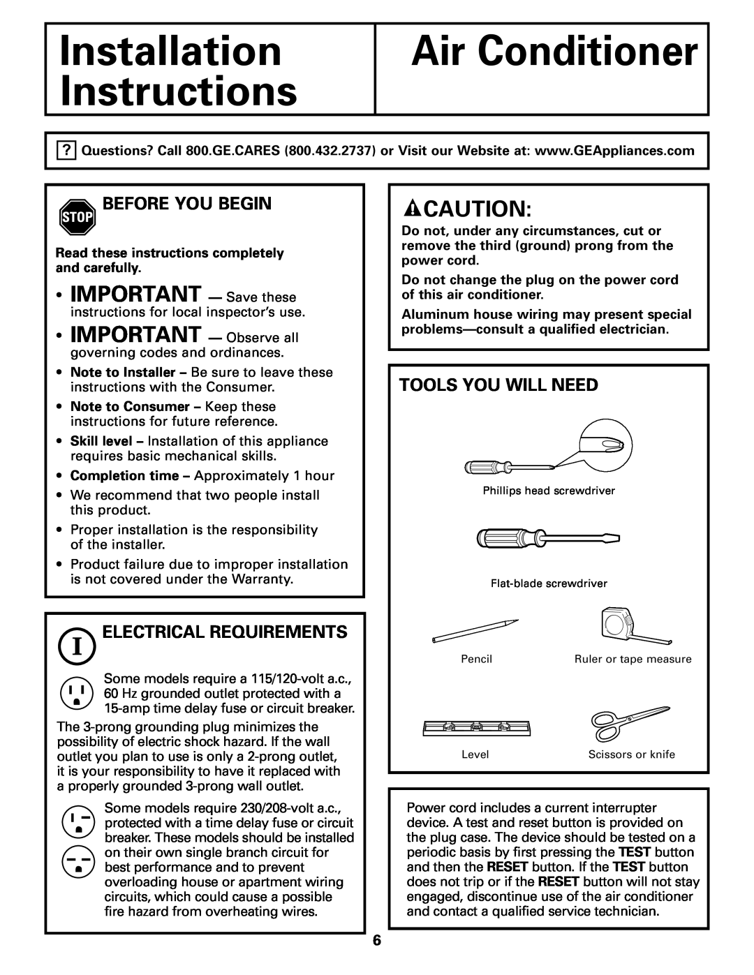 GE AER05 Installation Instructions, Air Conditioner, IMPORTANT - Save these, Before You Begin, Electrical Requirements 