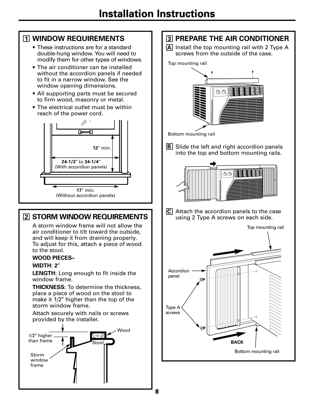 GE AER05 1WINDOW REQUIREMENTS, 2STORM WINDOW REQUIREMENTS, 3PREPARE THE AIR CONDITIONER, Installation Instructions 
