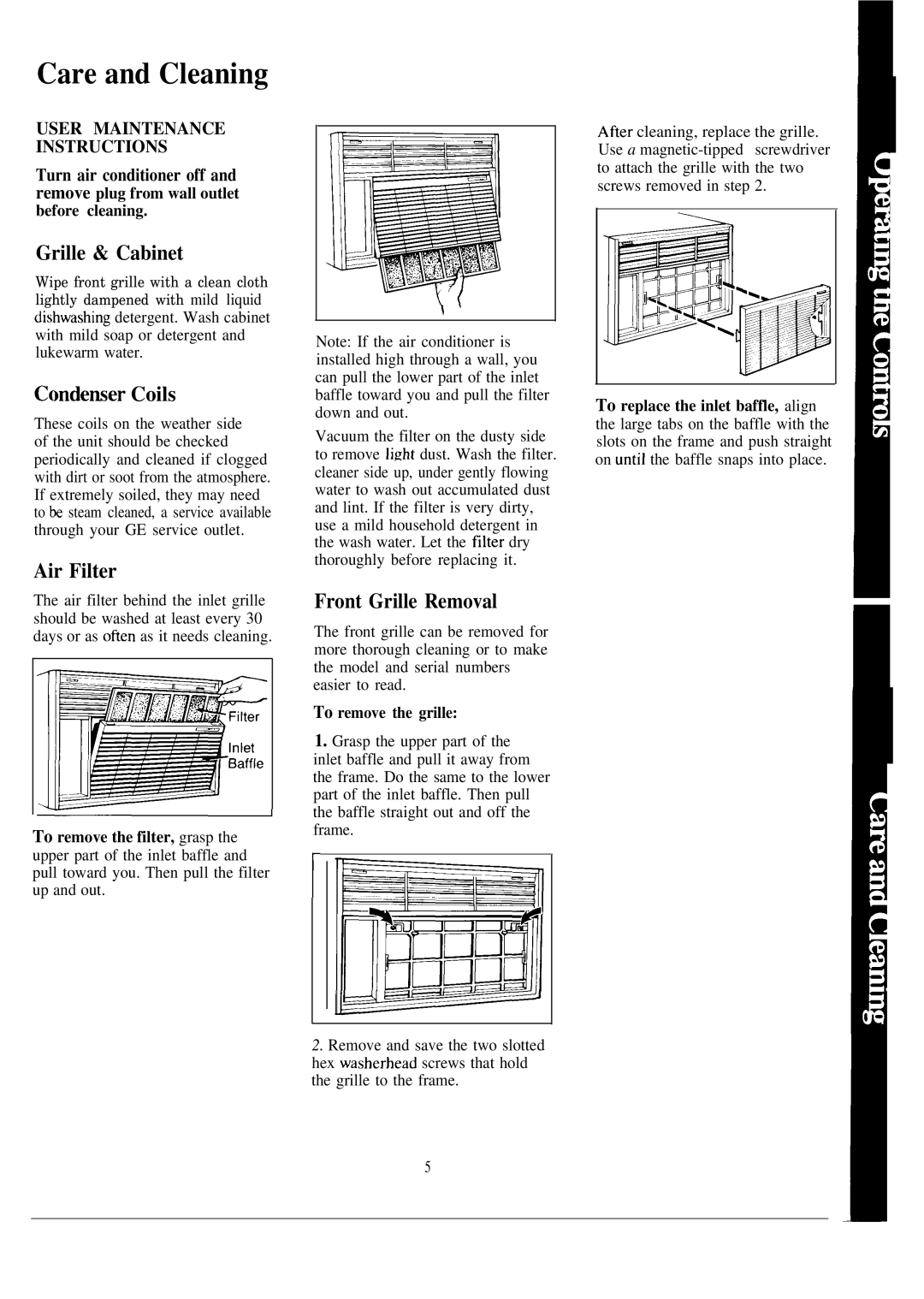 GE AES15, AES23, AES18, AED18 Care and Cleaning, Grille & Cabinet, Condemer Coils, Air Filter, Front Grille Removal 