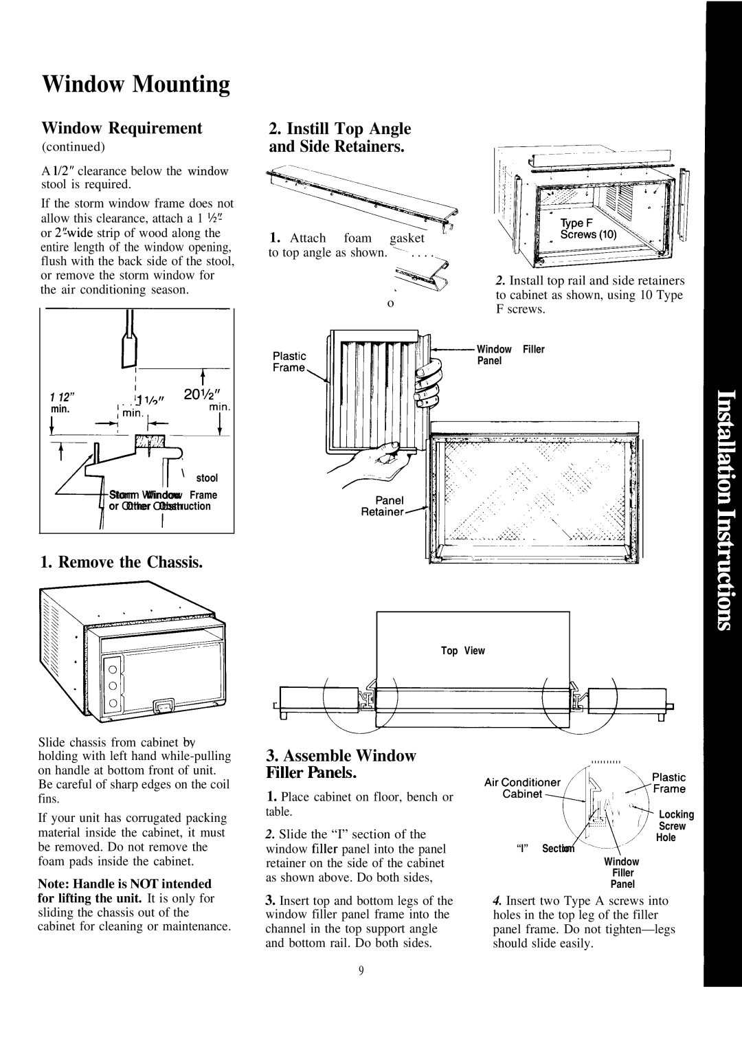 GE AES15, AES23, AES18, AED18 Window Mounting, Window Requirement, Remove the Chassis, Instill Top Angle and Side Retainers 