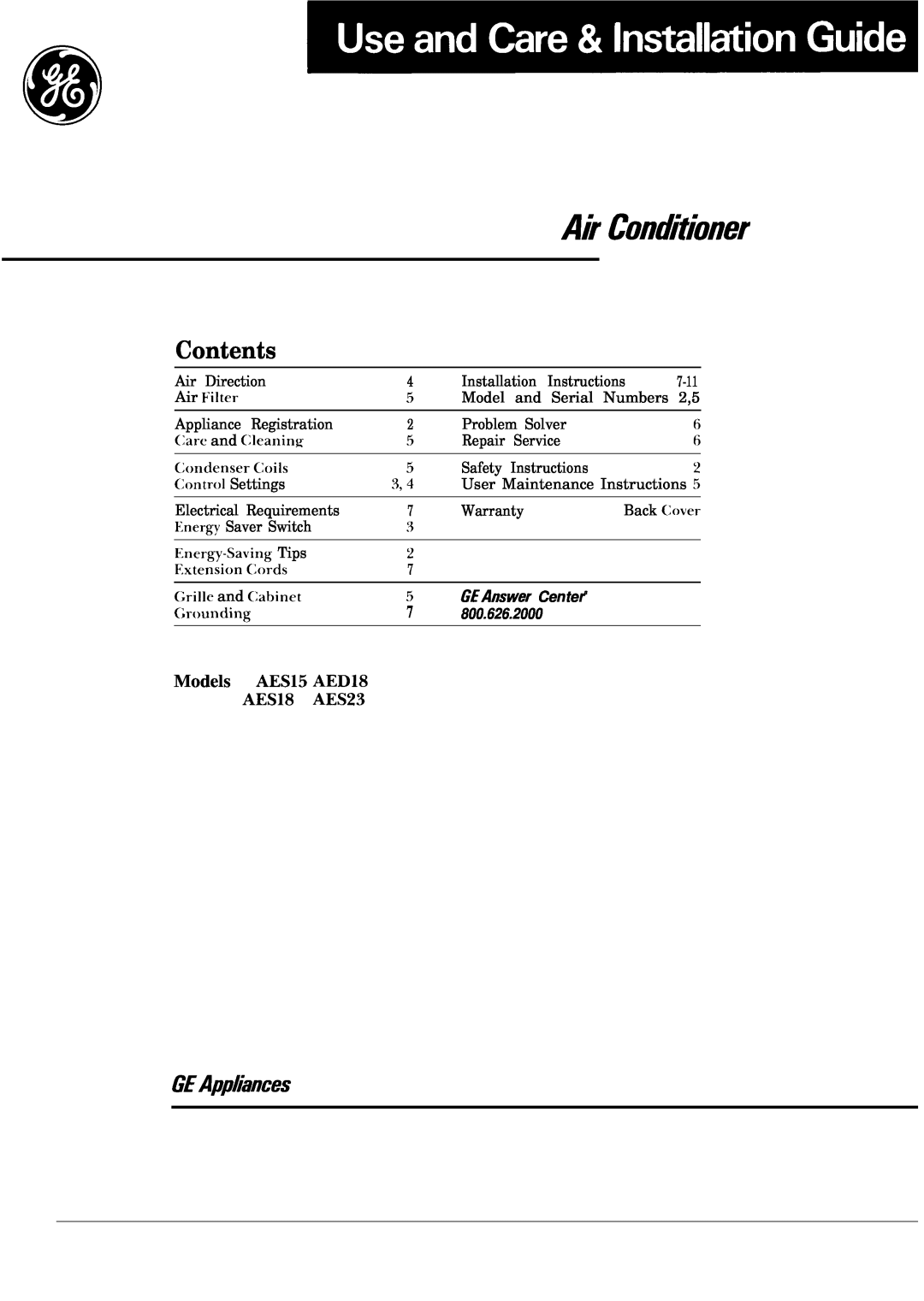 GE installation instructions Contents, GEApp#ances, Models, AES15 AED18, AES18 AES23, Ak ContiYioner, GEAnswer Centera 