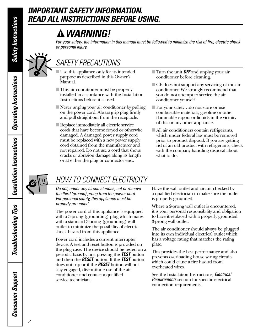 GE AEW06, AET05, AEW08, AEW05 Consumer Support Troubleshooting Tips, Instructions Operating Instructions 