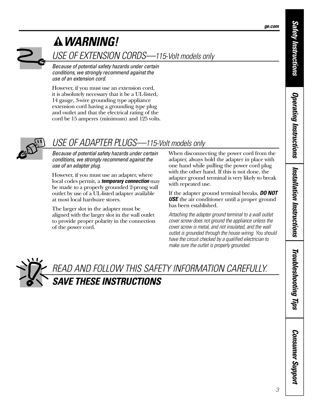 GE AEW05, AET05, AEW08, AEW06 Installation Instructions, Troubleshooting Tips Consumer Support, Ge.com 