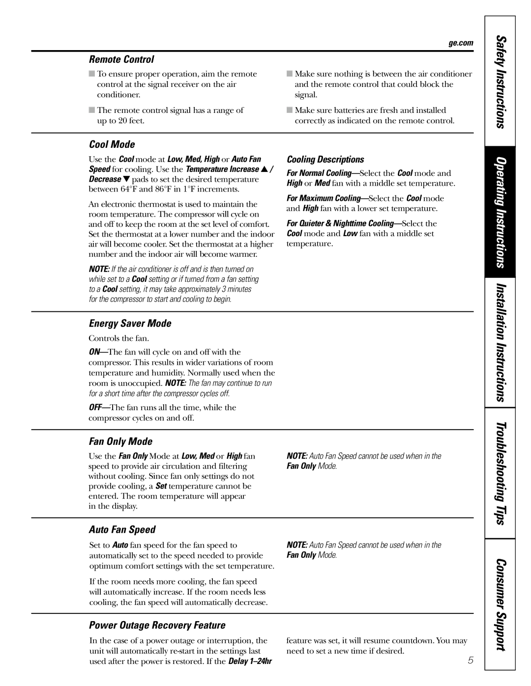 GE AEW08, AET05, AEW06, AEW05 installation instructions Consumer Support, Instructions 