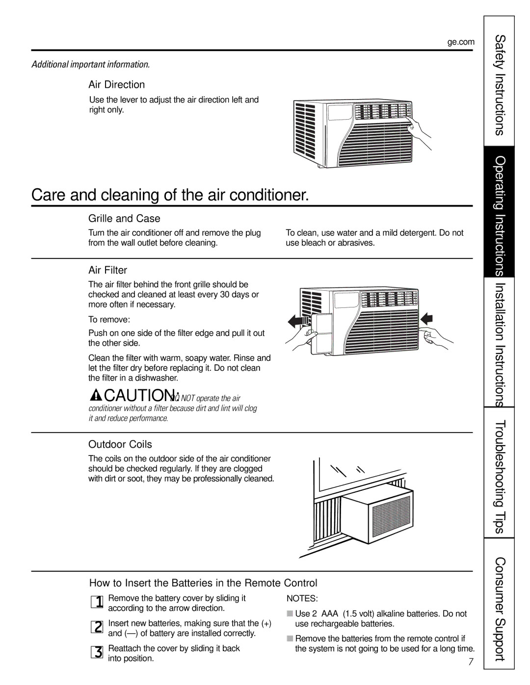 GE AEW05, AET05, AEW08, AEW06 installation instructions Care and cleaning of the air conditioner, Support 