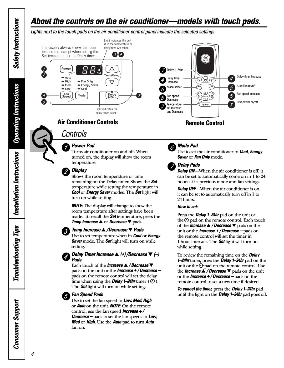 GE AET05 Instructions Safety, Air Conditioner Controls, Power Pad, Display, Temp Increase /Decrease Pads, Mode Pad 