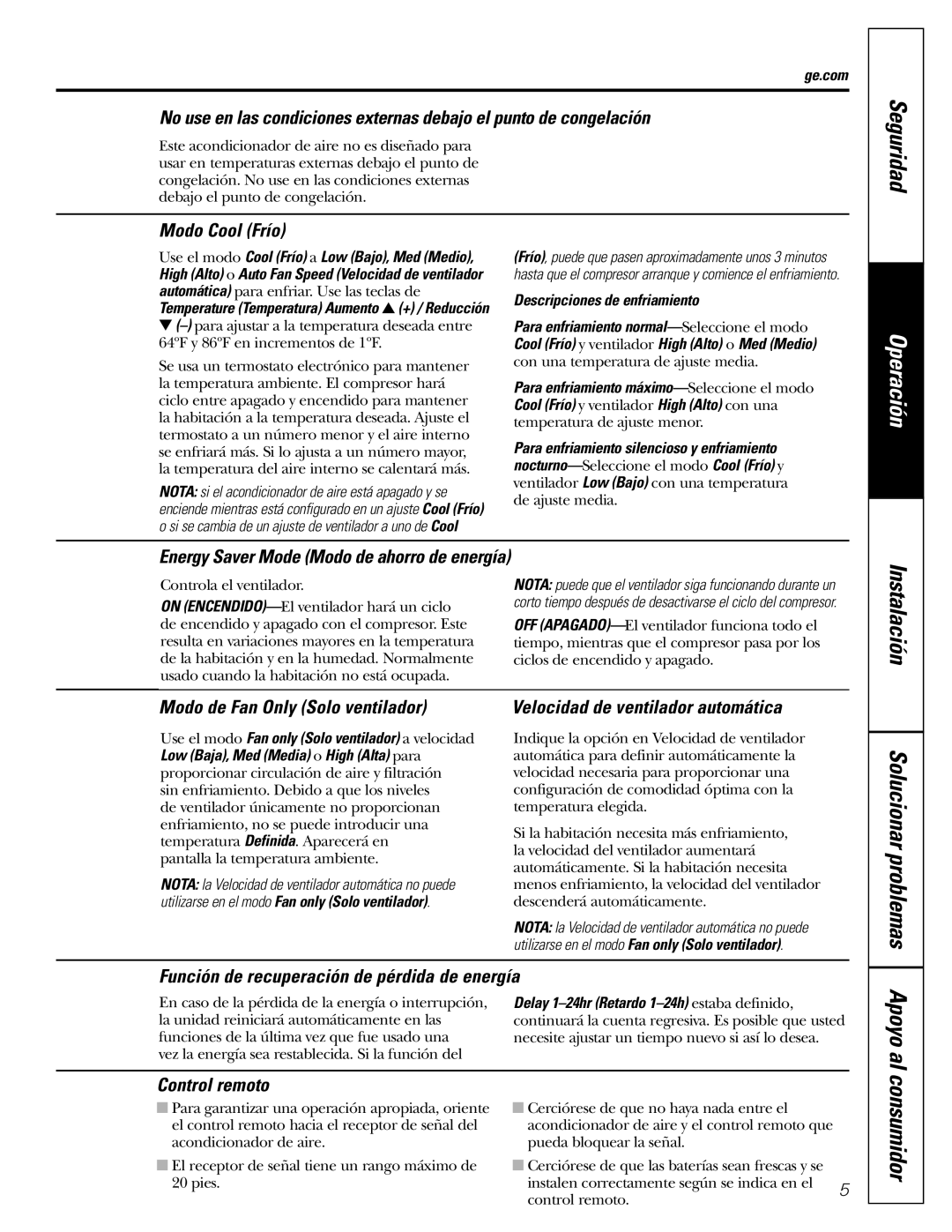 GE AEQ24 Instalación, consumidor, Apoyo al, Solucionar problemas, Modo Cool Frío, Modo de Fan Only Solo ventilador, ge.com 